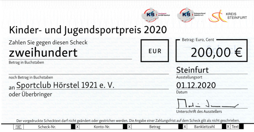 Kinder- und Jugendsportpreis Scheck 2020